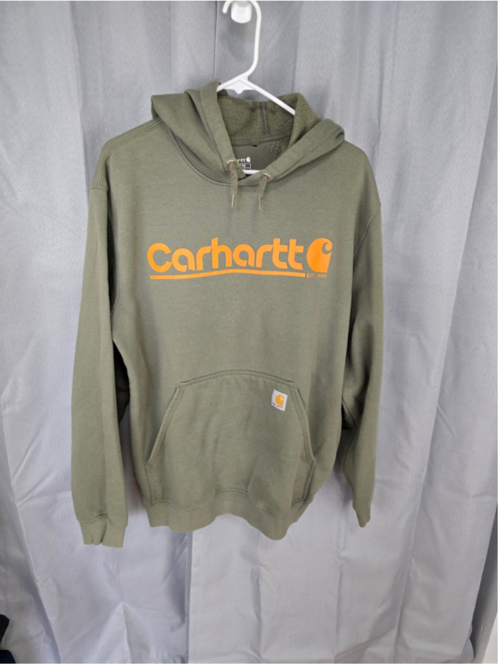 Men's Carhartt Loose Fit Hoodie Sweatshirt Size M Olive Orange Logo